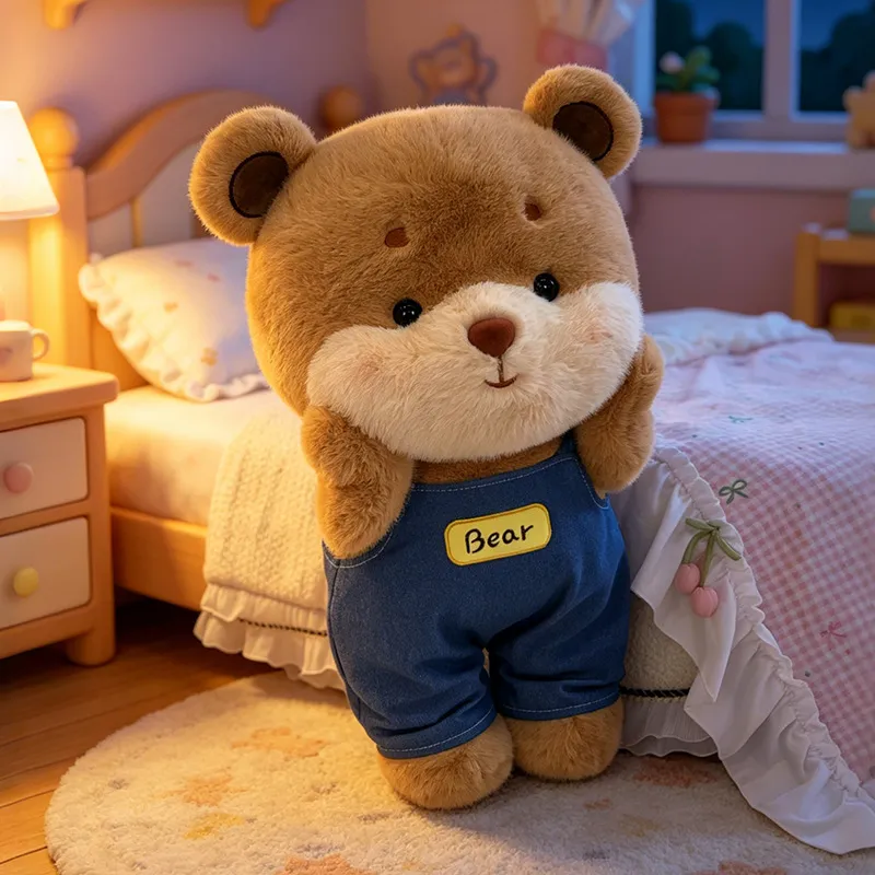 Cute Overalls Bear Plush Toy – Denim Teddy Bear Stuffed Animal in Dungarees, Soft Claw Machine Prize Doll, Birthday Gift for Kids